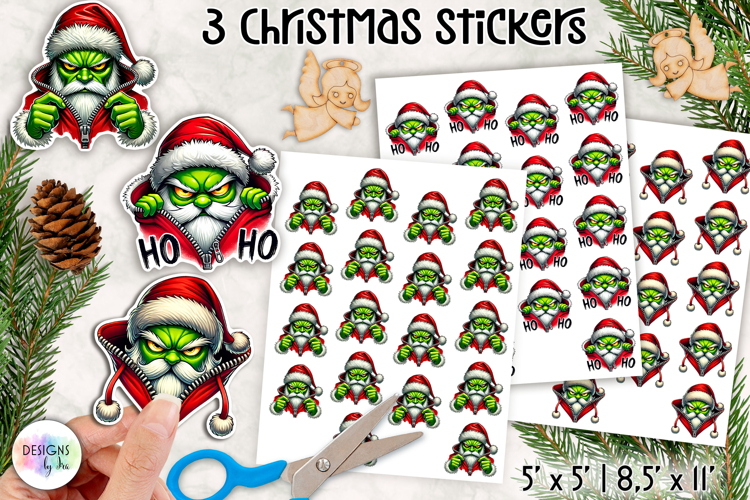 Christmas Grumpy Stickers, Funny Green Character Holiday
