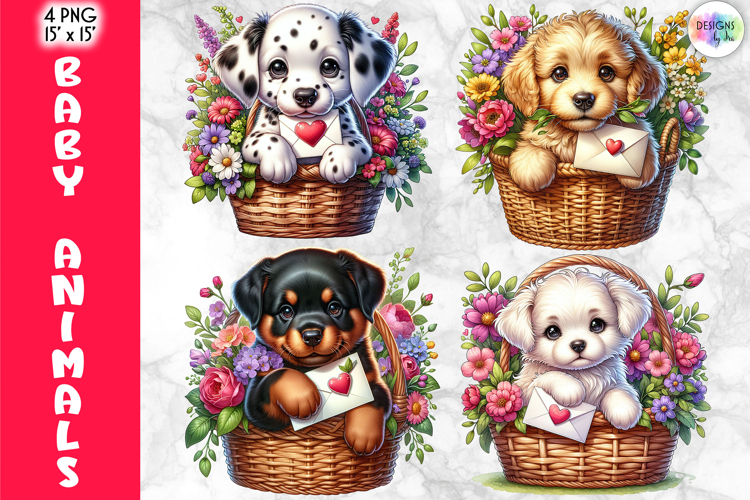 Valentine Baby Animals with Hearts Clipart, Cute Puppy PNG