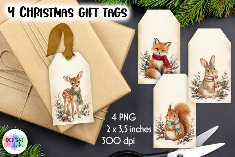 Vintage Gift Tags, Woodland Baby Animals Christmas Gift Tags
