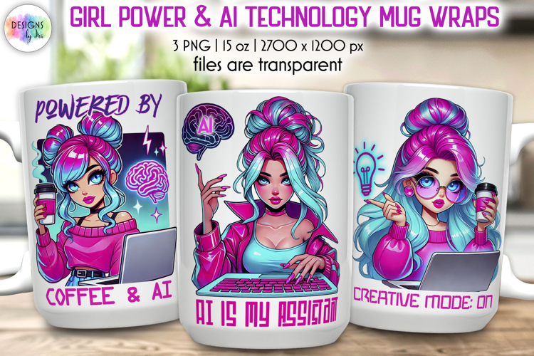 Girl Power and AI Technology Mug Wrap, Inspirational PNG