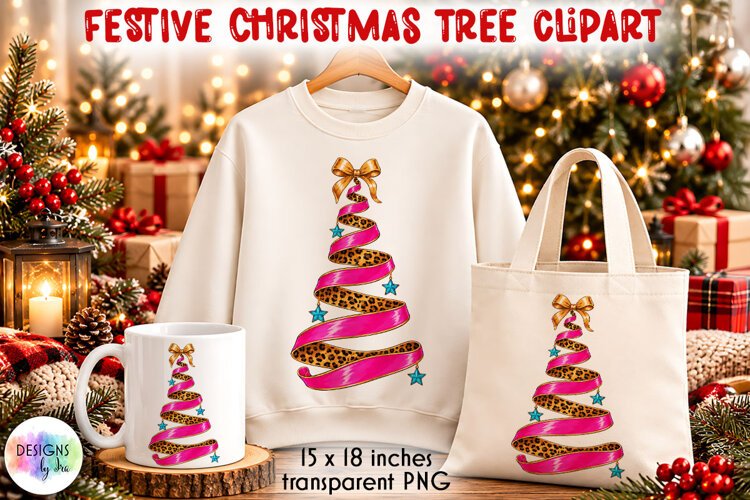 Pink Leopard Ribbon Christmas Tree PNG Sublimation example image 1