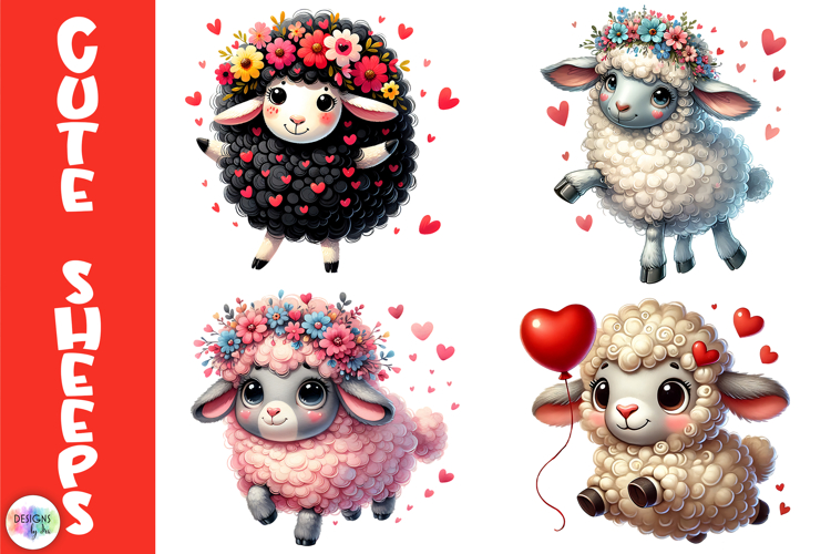 Cute Valentine Sheep Clipart, Fluffy Love Sheep with Hearts