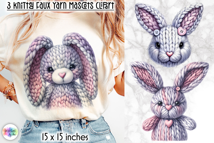Knitted Bunny Clipart, Faux Yarn Plush Rabbits Mascot Print