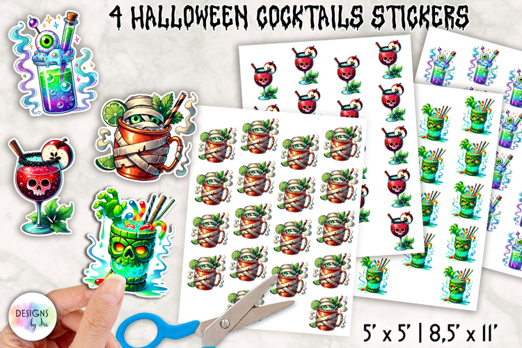 Halloween Cocktail Stickers, Spooky Drink Clipart, Printable