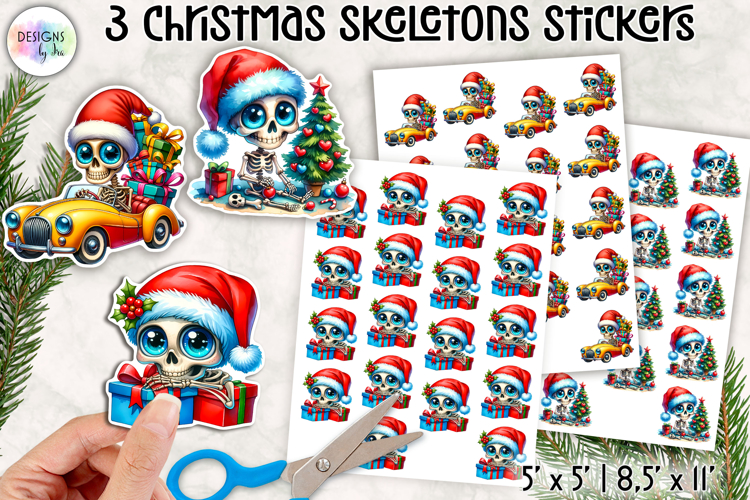 Cute Christmas Skeleton Stickers, Funny Santa Skull Stickers