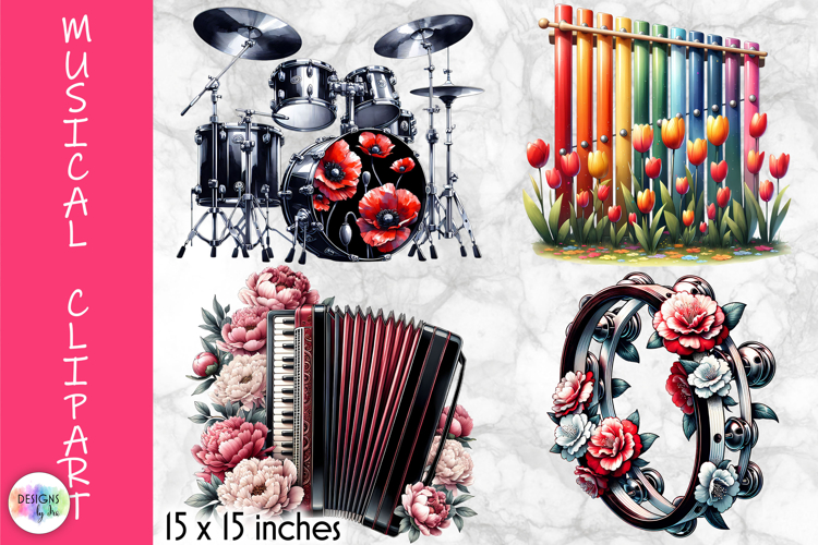 Musical Instruments with flowers Clipart, Music and Flowers