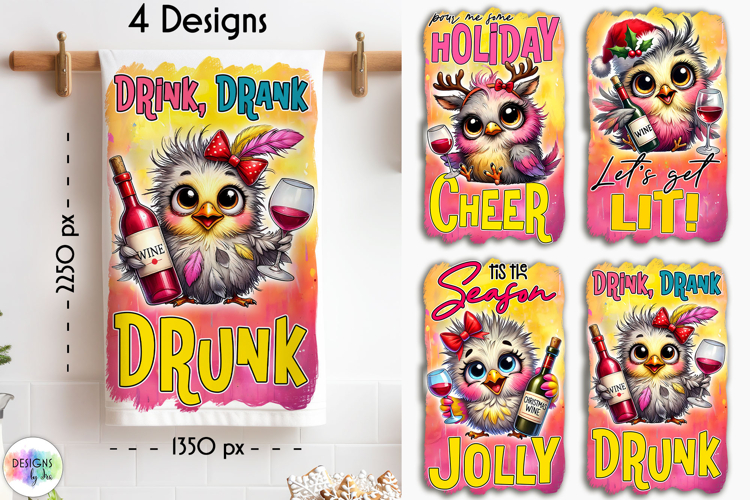 Funny Christmas Kitchen Towel, Christmas Bird, Wine Lover