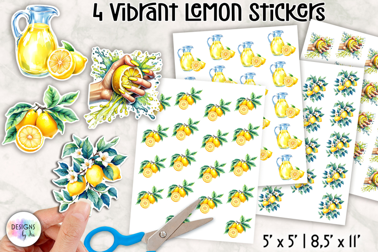 Vibrant Lemon Stickers, Citrus Illustrations, Printable PNG