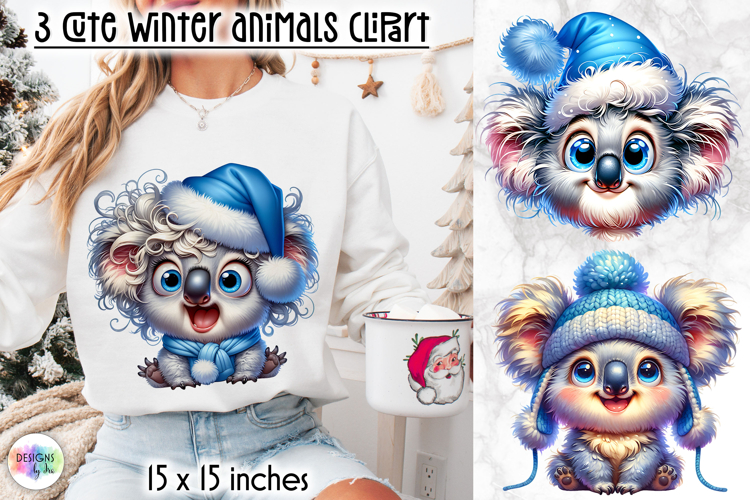 Cute Winter Animals in Blue Hat Clipart, Funny Baby Hippo