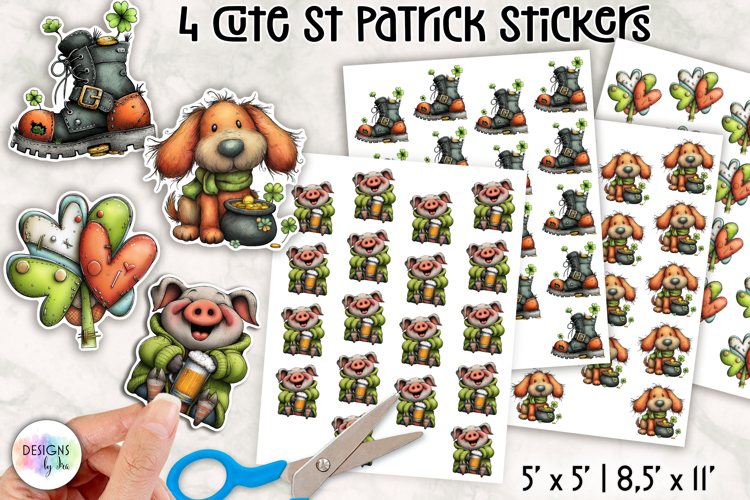 Cute St Patrick Stickers, Shamrock Animals and Lucky Clover