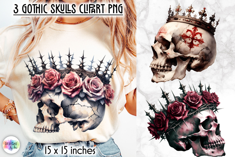 Gothic Skull Clipart, Dark Roses & Crow Skull PNG
