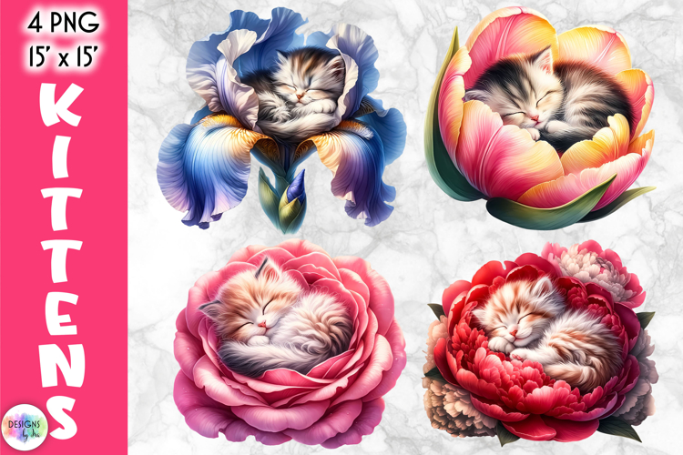 Cute Floral Cat Illustrations, Kittens in Flowers Clipart
