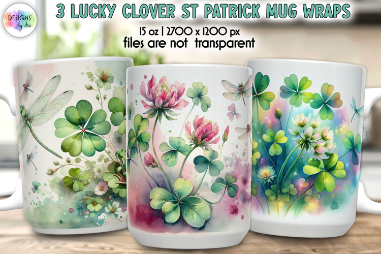 Lucky Clover St Patrick Mug Wrap, Watercolor Floral Shamrock