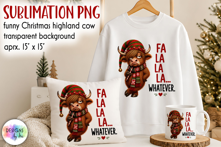 Fa La La Whatever Highland Cow Christmas PNG