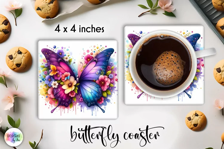 Floral Butterfly Coaster | Watercolour Butterfly Coaster PNG