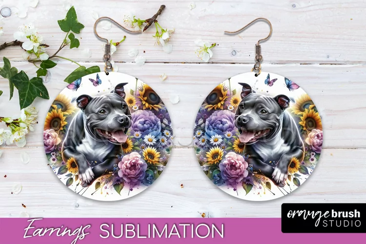 Staffordshire Bull Terrier Earrings Dog Sublimation Floral