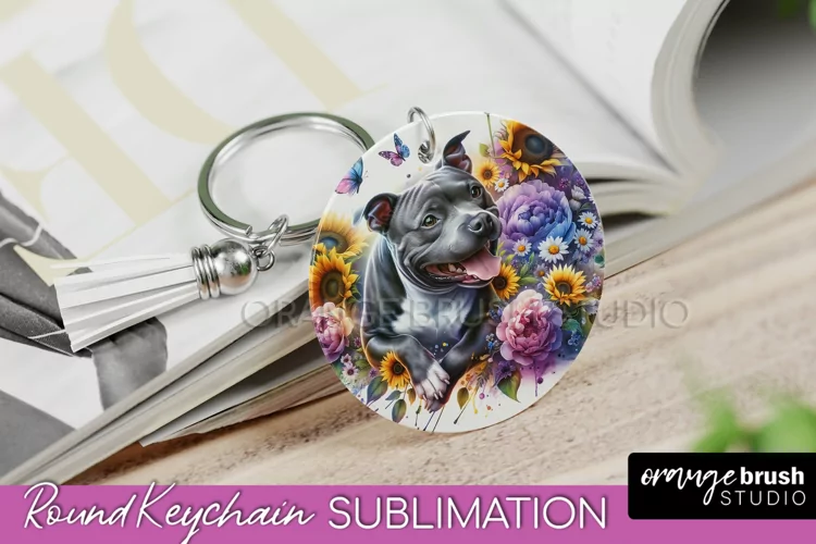 Staffordshire Bull Terrier Keychain Dog Sublimation Floral