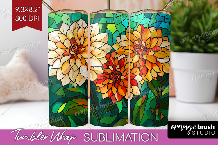 Stained Glass Tumbler Wrap - Flowers Tumbler PNG Sublimation