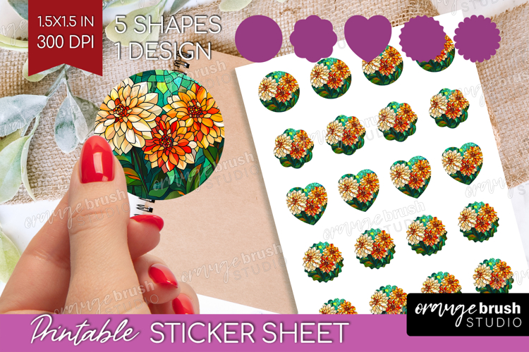Stained Glass Round Sticker - Flowers Printable Sticker example image 1