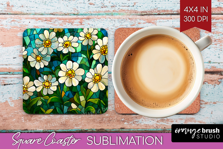 Stained Glass Square Coaster - Flowers Coaster PNG