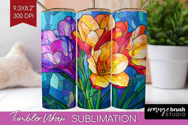 Stained Glass Tumbler Wrap - Flowers Tumbler PNG Sublimation
