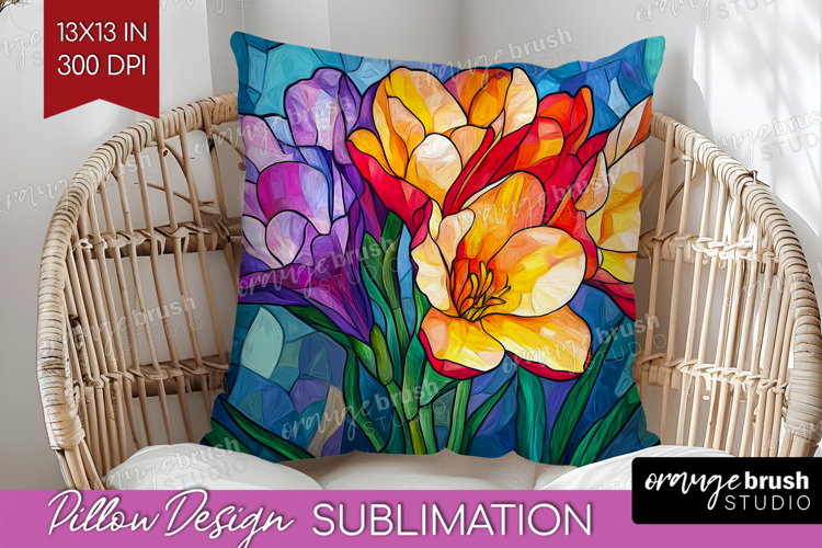 Stained Glass Pillow Sublimation - Flowers Pillow Cover PNG