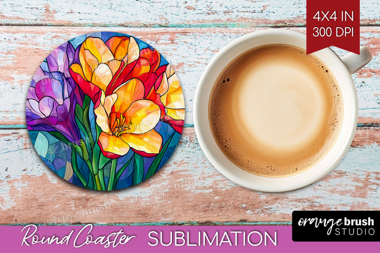 Stained Glass Round Coaster - Flowers Coaster PNG
