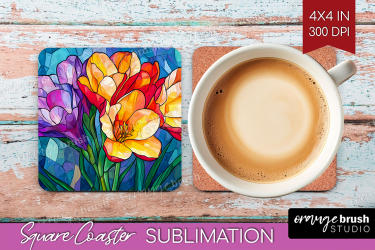 Stained Glass Square Coaster - Flowers Coaster PNG