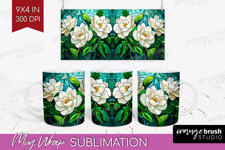 Stained Glass Mug Wrap - Flowers Mug PNG Sublimation