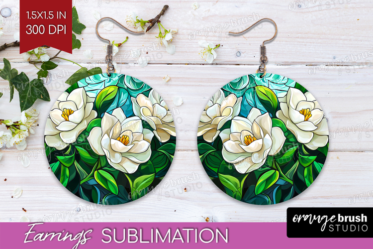 Stained Glass Round Earrings - Flowers PNG Sublimation