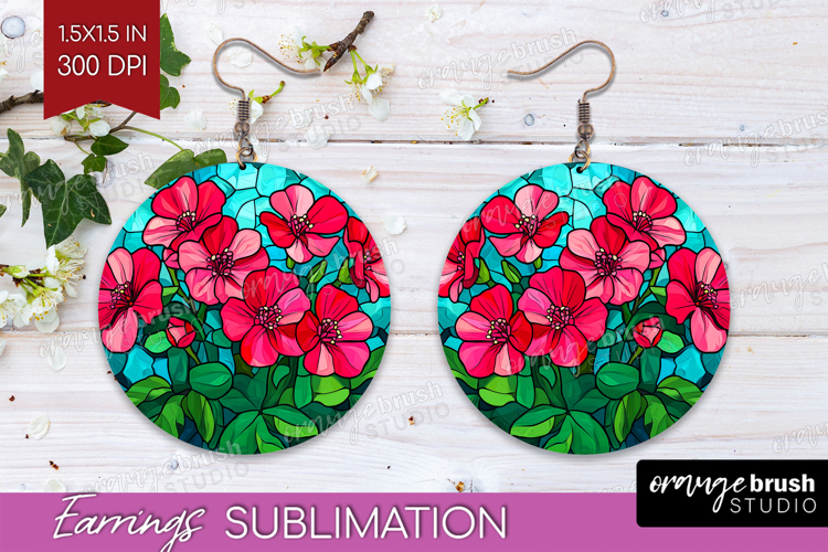 Stained Glass Round Earrings - Flowers PNG Sublimation