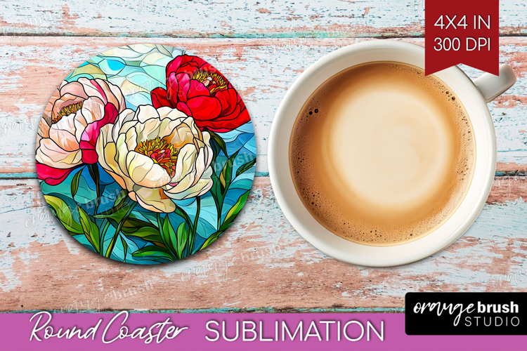Stained Glass Round Coaster - Flowers Coaster PNG example image 1