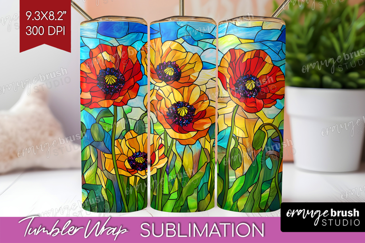 Stained Glass Tumbler Wrap - Flowers Tumbler PNG Sublimation