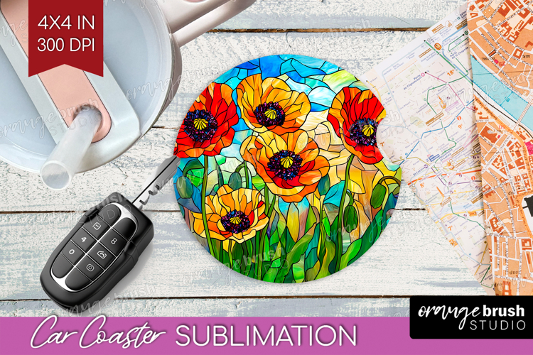 Stained Glass Car Coaster - Flowers Coaster PNG Sublimation
