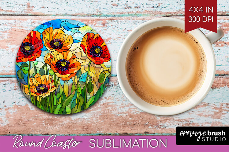 Stained Glass Round Coaster - Flowers Coaster PNG example image 1
