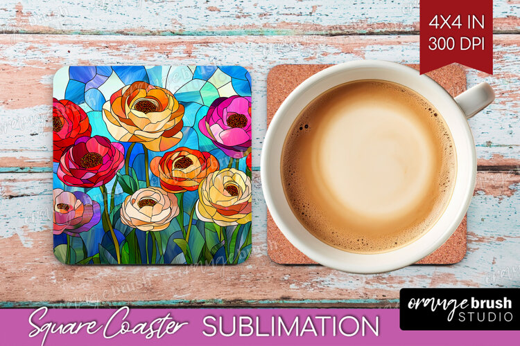Stained Glass Square Coaster - Flowers Coaster PNG example image 1