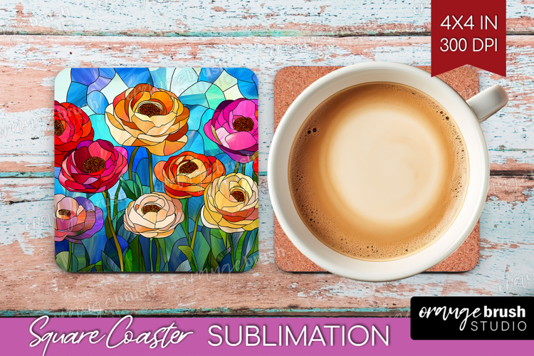 Stained Glass Square Coaster - Flowers Coaster PNG
