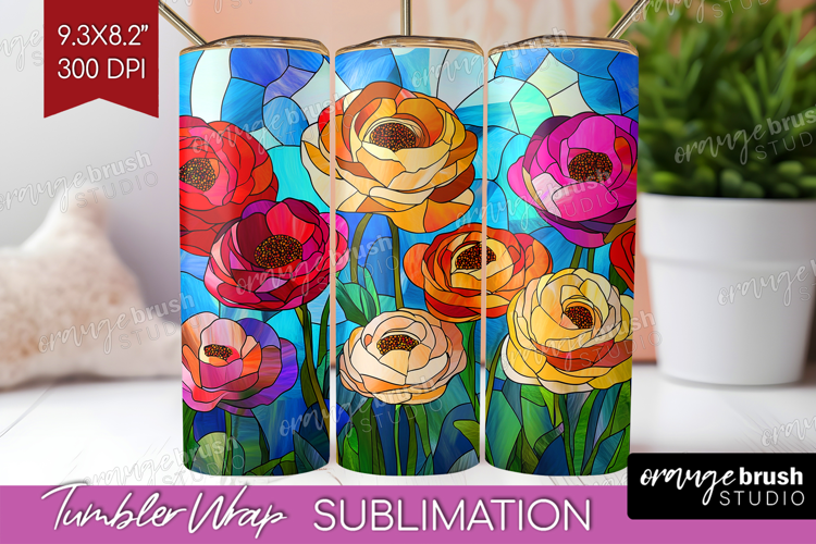 Stained Glass Tumbler Wrap - Flowers Tumbler PNG Sublimation
