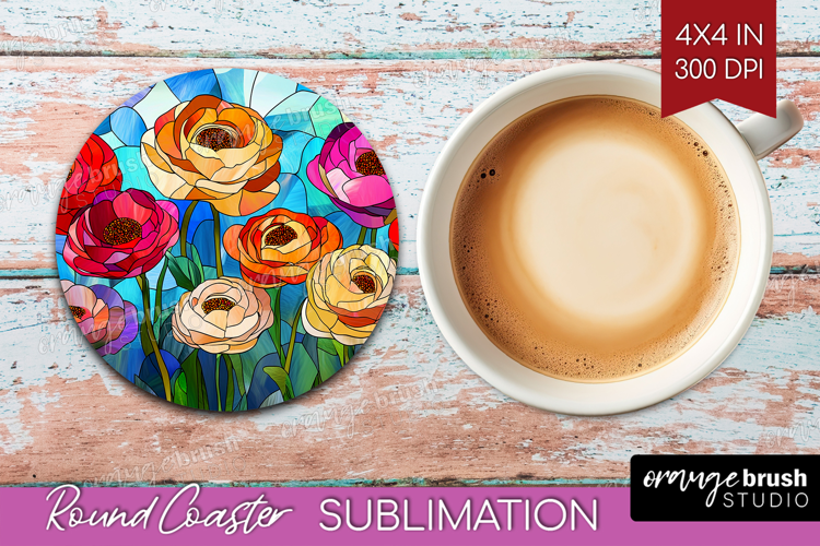 Stained Glass Round Coaster - Flowers Coaster PNG