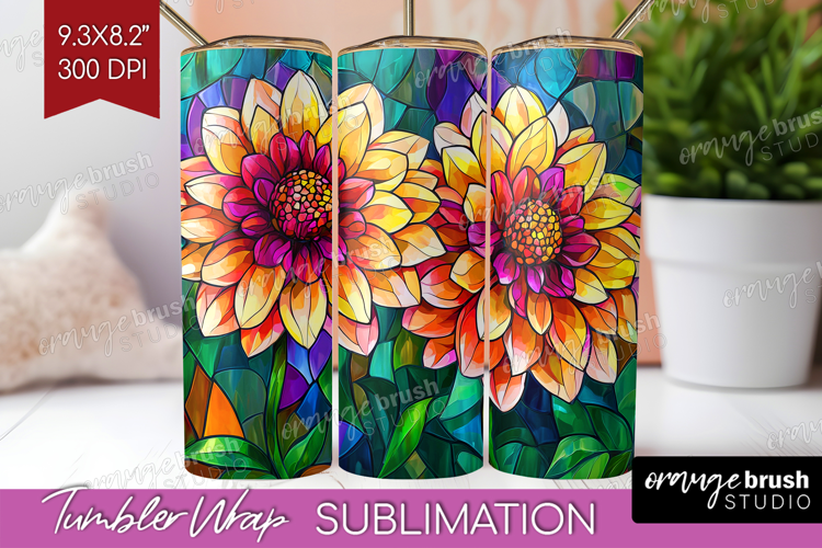 Stained Glass Tumbler Wrap - Flowers Tumbler PNG Sublimation