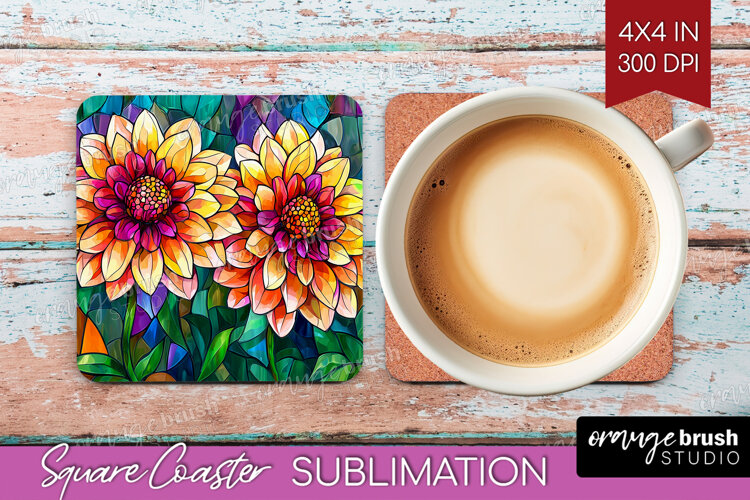 Stained Glass Square Coaster - Flowers Coaster PNG example image 1