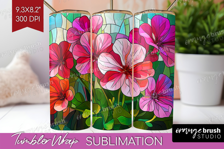 Stained Glass Tumbler Wrap - Flowers Tumbler PNG Sublimation