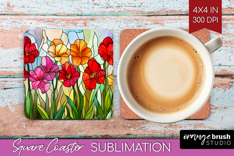 Stained Glass Square Coaster - Flowers Coaster PNG