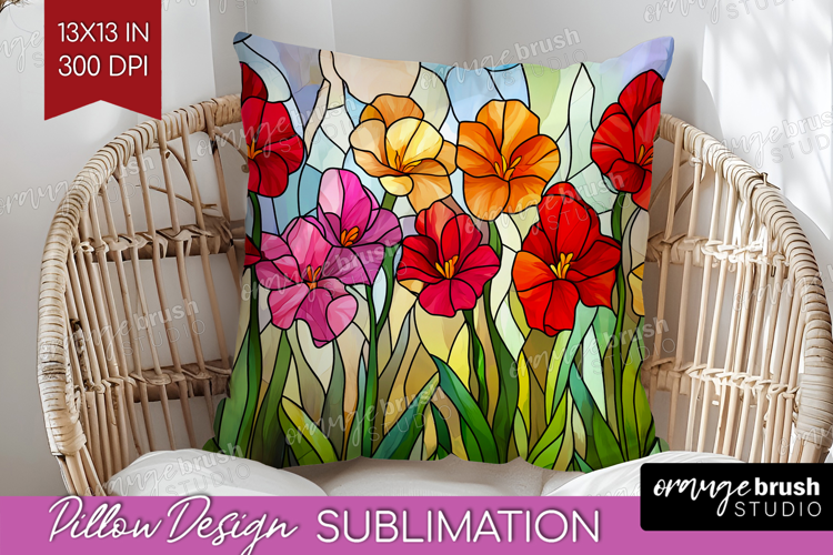 Stained Glass Pillow Sublimation - Flowers Pillow Cover PNG