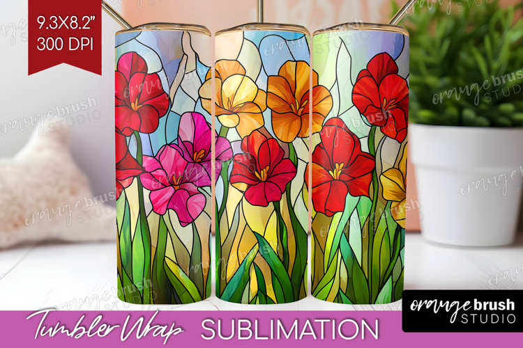 Stained Glass Tumbler Wrap - Flowers Tumbler PNG Sublimation