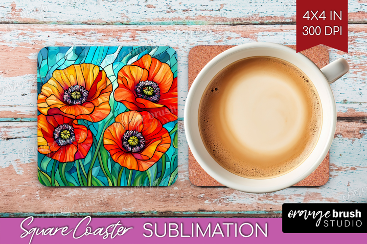 Stained Glass Square Coaster - Flowers Coaster PNG