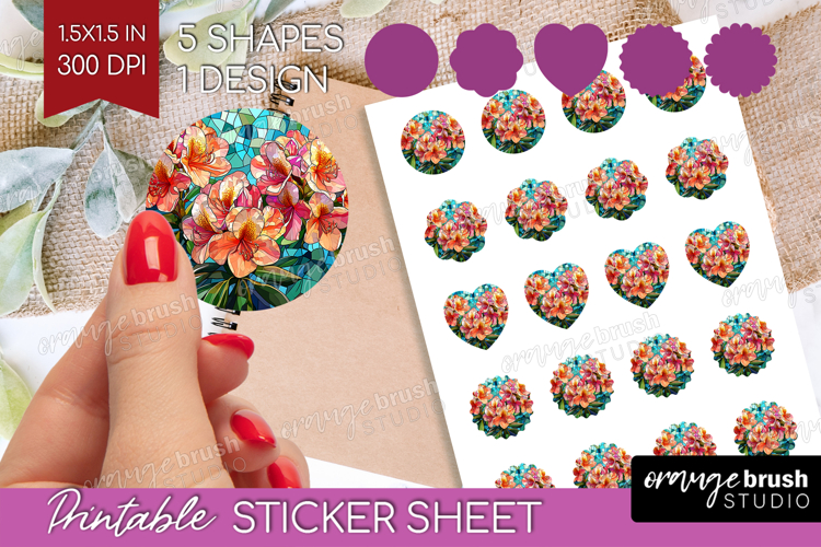 Stained Glass Round Sticker - Flowers Printable Sticker