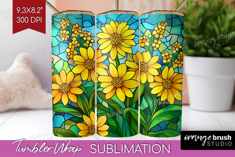 Stained Glass Tumbler Wrap - Flowers Tumbler PNG Sublimation