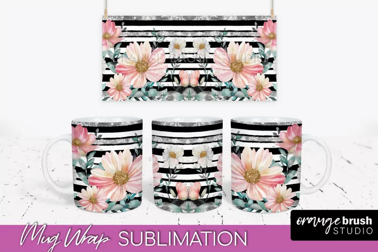 Pink Watercolor Flowers Mug Wrap - Floral Mug Sublimation