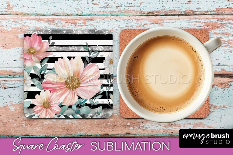 Watercolor Flowers Square Coaster - Floral Pink Sublimation